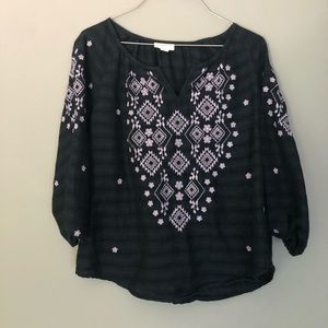J. Jill Size XS Navy Blue Lavender Embroidery 3/4 Sleeve Shirt